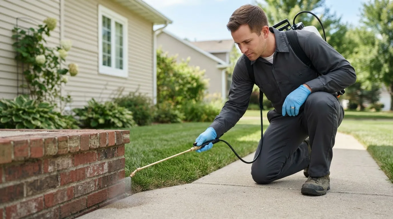Pest control technician treating a home near Highlandville, MO