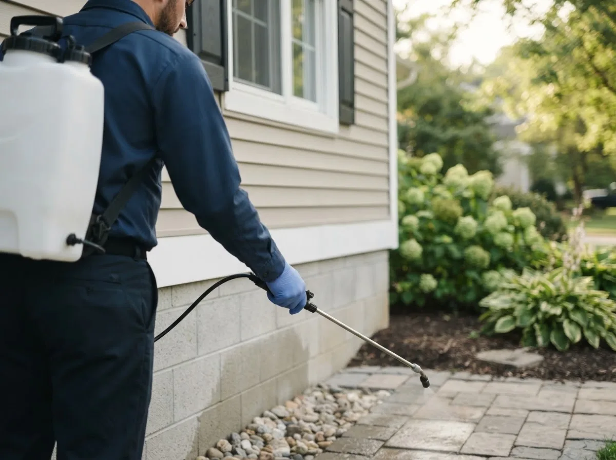 Pest control technician inspecting a home in Highlandville, MO